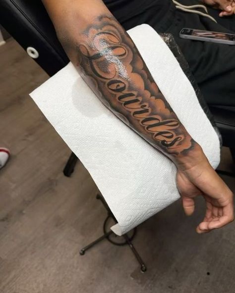 Male Tattoo Ideas Arm Half Sleeves, Forearm Tattoo Lettering, Side Arm Tattoo Men, Blessed Tattoo For Men, Mom Tattoo For Men, Outside Forearm Tattoo Men, Long Live Tattoo, Last Name Tattoos, Calf Sleeve Tattoo