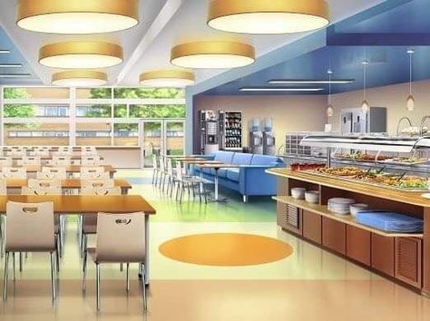 School Cafeteria Interior Design, Anime Houses, Cafeteria Design, School Cafe, Wattpad Background, Anime House, Episode Interactive Backgrounds, Anime Places, Anime Classroom