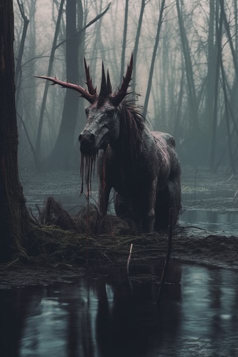 Created by Vellectrum using Midjourney Scary Cryptids, Cryptic Aesthetic, Appalachia Folklore, Deer Horror Aesthetic, Mythical Creature Taxidermy, Deer Horror Art, Horror Inspiration, Creepy Forest Monster, Creature Reference