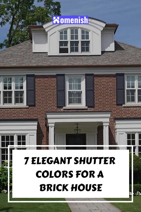 Choosing the right shutter color for a brick house is essential to maximize your exterior design’s curb appeal. Ask any real estate agent and they’ll tell you what a great impression shutters make. After all, a good first impression is important in order to sell a house in the quickest possible time. Hale Navy Shutters Brick House, Navy Shutters Brick House, Black Shutters On Red Brick House, Shutters Against Red Brick, Red Brick White Shutters, Red Brick House Exterior Shutters, Front Door And Shutter Colors On Brick, Navy Blue Shutters Brick House, Taupe Shutters On Brick House