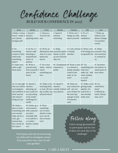 Self Worth Challenge, January Wellness Challenge, January Style Challenge, How To Build Up Your Self Confidence, April Glow Up Challenge, Journaling For Confidence, January Self Care Challenge 2024, March Self Growth Challenge, 30 Day Confidence Challenge