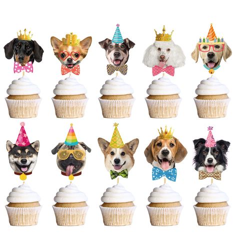 PRICES MAY VARY. Dog Cupcake Toppers: This is a set of 40 pieces of cute dog cupcake toppers, with 10 dog patterns, 4 pieces for each pattern. Enough to decorate your party cakes and food. Cute Dog Design: Cupcake decoration pattern design is very interesting. There are 10 different cute dog faces, paired with bows, birthday hats or crowns to make the party more exciting. Pre-Assembled: The dog cupcake toppers are already assembled for you, no need for you to spend time assembling them. Very eas Dog Themed Birthday Decorations, Dogs Birthday Party Ideas, Puppy Party Cake, Dog Themed Birthday Party Ideas, Dog Birthday Party Decorations, Animal Party Cake, Dog Cupcake Toppers, Dog Theme Birthday Party, Dog Cupcake