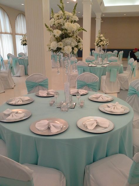 Quinceanera - Simple Elegance in Tiffany Blue & White Tiffany Blue Quinceanera, Tiffany Blue Weddings, Tiffany Theme, Tiffany Party, Tiffany Blue Wedding, Quinceanera Decorations, Tiffany Wedding, Quinceanera Party, Wedding Table Settings