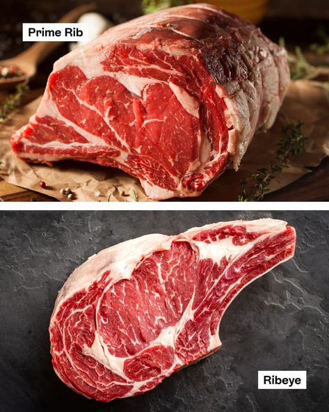 Prime Rib vs. Rib Eye: Is There Actually a Difference? | The Kitchn Prime Rib Steak, Rib Eye Recipes, Angus Steak, Steak Burgers, Ribeye Roast, Standing Rib Roast, Cuts Of Beef, Prime Beef, Rib Eye