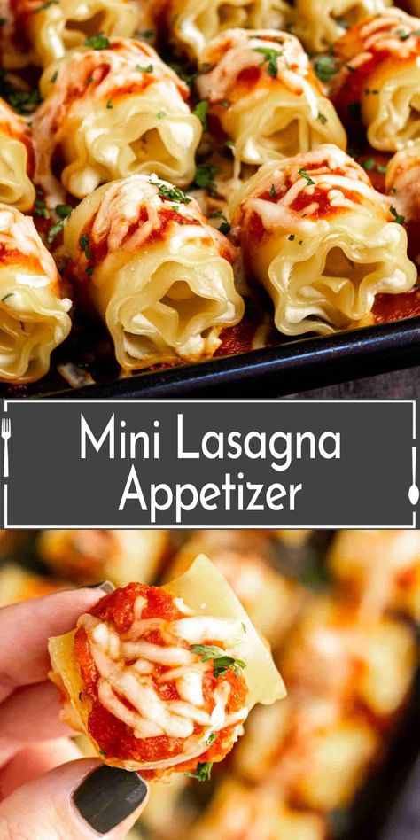 This mini lasagna appetizer is individual mini lasagna rolls filled with lemon ricotta and topped with a fresh tomato sauce. A one-bite appetizer that is perfect for parties! Bolognese Lasagna Bites, Lasagna Bites Recipe, Lasagna Bites Appetizers, New Year’s Eve Appetizers, Lasagna Appetizer, Nye Apps, Pasta Bites, Special Appetizers, New Years Eve Appetizers