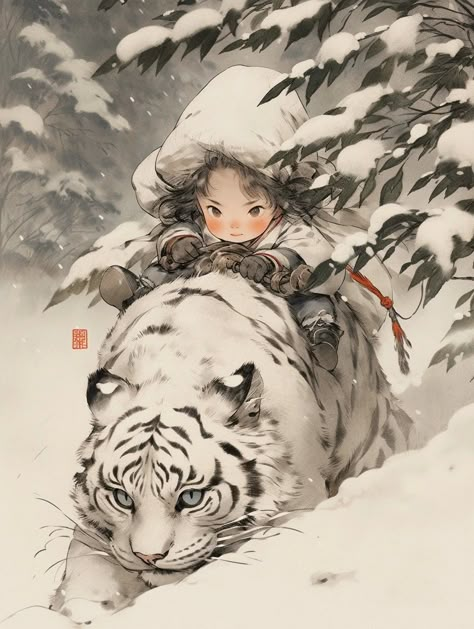 Tiger Artwork, Tiger Art, Cute Kawaii Drawings, Anime Animals, White Tiger, 판타지 아트, 영감을 주는 캐릭터, Anime Kawaii, Mythical Creatures