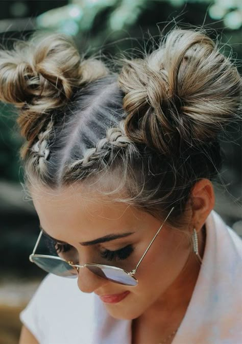 Wedding Space Buns Hairstyle, Pigtail Ideas For Women, Bubble Braid Into Space Bun, Bubble Updo Hairstyles, French Plait Space Buns, Bubble Braids Into Space Buns, French Braid With Space Buns, Bubble Braids With Buns, French Braids Into Space Buns