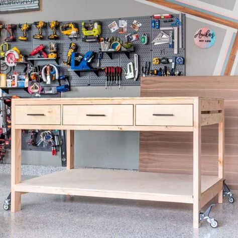 Build a DIY workbench with storage, including drawers and shelves, with this detailed step-by-step tutorial, video, and plans. Workbench Drawers, Workbench With Storage, Workbench With Drawers, Basement Organization, Building A Workbench, Plywood Projects, Diy Hammock, Sanding Wood, Narrow Shelves