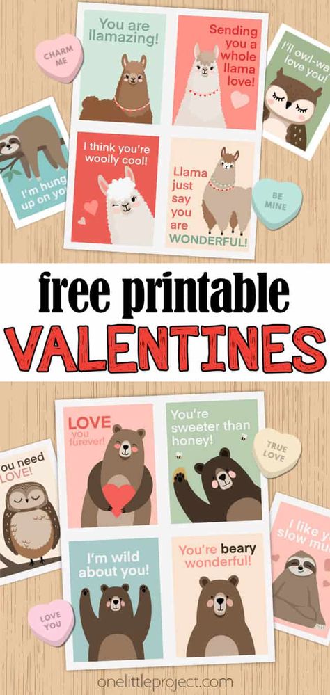 Looking for adorable and easy to make valentines? These printable Valentines cards are SO CUTE, featuring playful animals and fun puns. And they're all FREE for you to download and print! Perfect for Valentine's Day parties at schools or libraries, and fun for kids and adults alike! Cute Valentines For Kids, Interactive Crafts For Kids, Valentines For Classmates, Interactive Crafts, Free Valentine Cards, One Little Project, Free Printable Valentines Cards, Fun Puns, Playful Animals