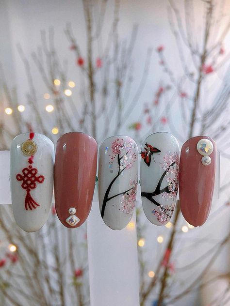 Lunar New Year And Valentines Nails, Cny Nails 2024 Simple, Chinese New Year Nails Design Simple, Lunar New Year Nails Simple, Chinese New Year Dragon Nails, Chinese New Year Nails 2024, Cny Nails 2024 Dragon, Lunar New Years Nails, Lunar New Year Nails 2024