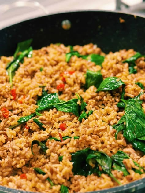 Spicy Thai Basil Fried Rice: Fiery Flavors Made Simple in 20 Minutes!  - Tiffy Cooks Thai Beef Fried Rice, Thai Chicken Fried Rice, Spicy Rice Recipe, Thai Basil Recipes, Thai Basil Fried Rice, Asian Sides, Basil Fried Rice, Thai Fried Rice, Tiffy Cooks