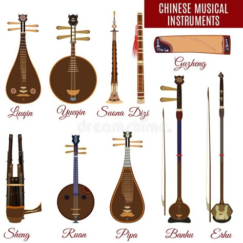 Vector set of chinese musical instruments, flat style. Chinese Instruments Art, Qin Chinese Instrument, Erhu Chinese Instrument, Guqin Chinese Instrument, Lute Design, Guzheng Instrument, Asian Instruments, Chinese Culture Traditional, Lute Instrument