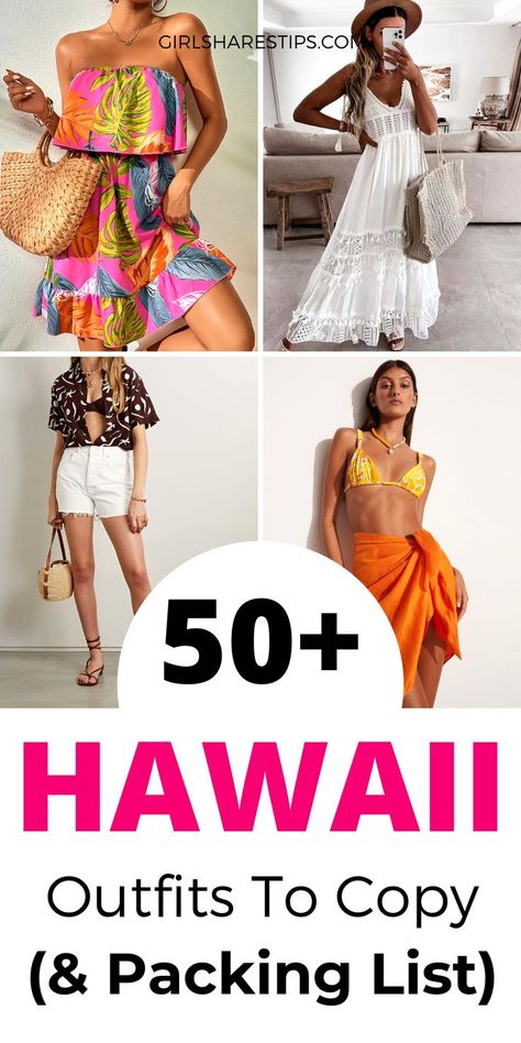 50+ cute Hawaii outfits to copy and shop directly, and the ultimate Hawaii packing list for your perfect vacation! | Hawaii outfits | Hawaii outfit ideas | beach outfits | beach outfit | vacation outfits | outfits for Hawaii vacation | Hawaii vacation outfits | Maui outfit ideas | beach vacation outfits | summer vacation outfits | summer beach vacation outfits | what to wear to Hawaii | Hawaii packing list | Hawaii outfits women | cute Hawaii outfits | Hawaii outfits ideas what to wear How To Dress In Hawaii Ideas, Outfits To Wear In Hawaii Summer, Hawaiian Casual Outfit Women, Tropical Outfits For Women Party, Hawaii Dresses Outfit Ideas, Hawaiian Day At Work Outfit, What To Wear To A Hawaiian Luau, Hawaii Outfits For Party, Hawaii Luau Outfits Women