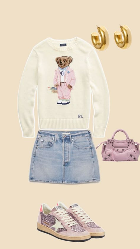 Ralph Lauren Sweater Outfit, Pink Mini Bag, Blue Skirt Outfits, Golden Goose Sneakers Outfit, Golden Goose Outfit, Cute Valentines Day Outfits, Watch Old, Ralph Lauren Womens Clothing, Vintage Gold Watch