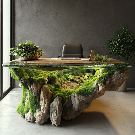 This moss-covered rock office desk blends natural beauty with functional design. The surface is made from a smooth, polished stone, carefully selected for its organic texture, and adorned with a live moss layer that creates a serene, earthy ambiance. The moss adds a soft, tactile contrast to the rock’s solid structure, evoking a tranquil forest floor. Perfect for those who want to bring the outdoors into their workspace, this desk is not only a statement piece but also a reminder of nature’s ... Moss Table Decor, Moss Coffee Table, Bamboo Hut, Moss Table, Rock Table, Giant Flowers Diy, Open Terrariums, Diy Succulent Terrarium, Fake Rock