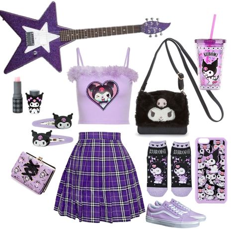 Hello Kity Outfits, Kuromi Skirt, Kuromi Outfit Ideas, Kuromi Outfit Aesthetic, Hello Kitty Inspired Outfits, Kuromi Inspired Outfit, Kuromi Aesthetic Outfit, Kuromi Crop Top, Kuromi Shoes