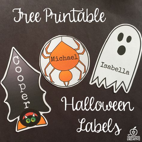 Free printable Halloween labels of a bat, a ghost and a spider! October Cubby Tags Preschool, October Cubby Tags, Halloween Cubby Tags, Halloween Name Tags Printable Free, Halloween Labels Printable Free, Cubby Tags Preschool, Halloween School Crafts, Halloween Name Tags, September Projects