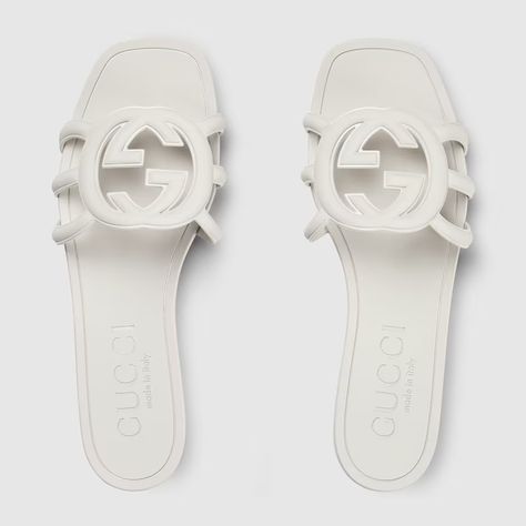 Women's Interlocking G slide sandal in white rubber | GUCCI® UK Slide Sandals, Espadrilles, Gucci, Sandals