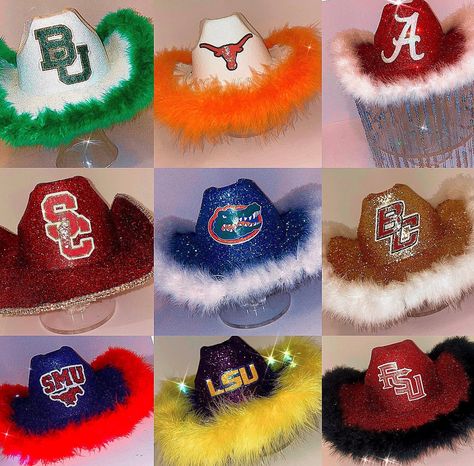 The perfect hat to show your school pride!! Can be made for any High School/University/College in any color scheme at no added cost! Perfect for class reunions, grad gifts, tailgate season and darties!  Comes with glitter logo (request your school in the personalization matching glitter base, and feather boa trim!  All trim options include three speed LED lights around the hat brim, can be removed by request! SIZE: Standard fits most adults, larger and smaller hat bases available upon request, r Football Cowboy Hats, Rally Cowboy Hats For Softball, Usa Cowgirl Hat, School Spirit Cowboy Hats, College Cowboy Hat, Diy Bedazzled Cowboy Hat, Decorated Cowgirl Hats Diy, Decorating Cowboy Hats, Diy Cowgirl Hat Ideas