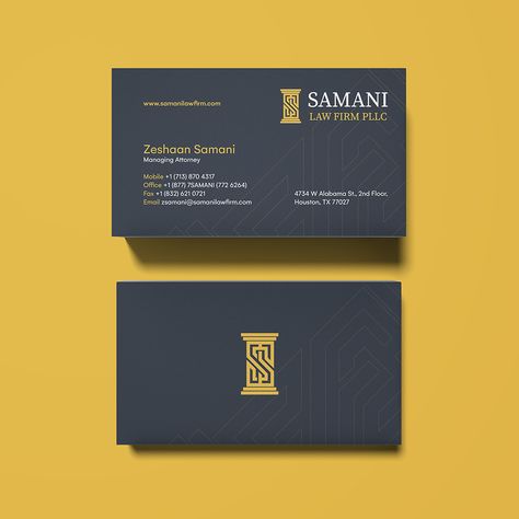 A business card designed by LeadOrigin for Samani Law Firm that features the company's logo and contact details, exemplifying the team's skill in producing professional and sophisticated corporate materials. Bazo Design, Law Design, Consultant Business Card, Legal Services, Services Business, Logo Ideas, Law Firm, Business Card Design, Design Features