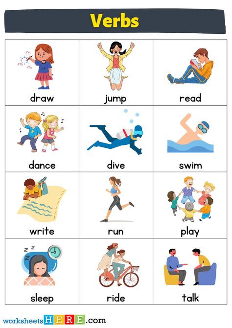 +45 Verbs Flashcards List, Verbs with Pictures Worksheets For Kids - WorksheetsHere.com Hindi Verb Worksheets, Verb Sentences, Action Verbs Flashcards, Action Verbs Worksheet, Insects Kindergarten, Verbs For Kids, Types Of Verbs, Verbs Worksheet, Transitive Verb