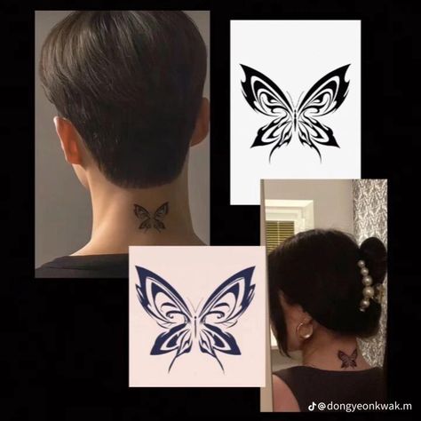 Butterfly Neck Tattoo, Kpop Tattoos, Desi Love, Tasteful Tattoos, Hidden Love, Subtle Tattoos, Diary Ideas, Neck Tattoo, Beautiful Tattoos