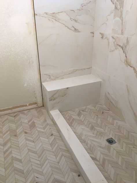 Neutral Master Shower Tile, Master Shower Large Tile, Cream And Beige Bathroom, Calcutta Tile Bathroom, Neutral Marble Bathroom, European Shower Ideas, Non Tile Shower Options, Calcutta Bathroom, Neutral Shower Tile Ideas