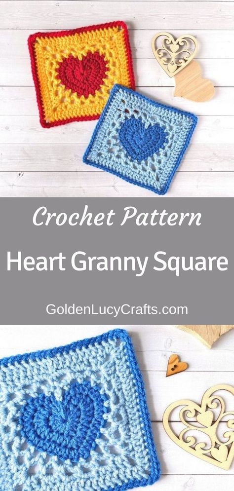 Two crocheted squares with hearts on top, one square at the bottom, text saying crochet pattern heart granny square goldenlucycrafts.com. Granny Square Crochet Pattern Two Color, Afghan Squares Crochet Patterns Free, No Gap Granny Square, Sensory Crochet, Worry Pet, Heart Granny Square, Motifs Granny Square, Afghan Squares, Granny Square Crochet Patterns Free