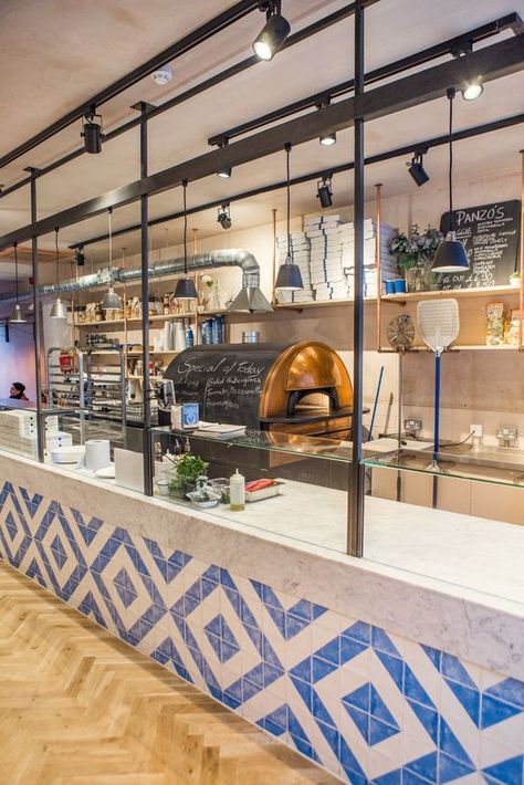 Greek Cafe, Pizza Design, Bistro Interior, Pizza Store, Pizzeria Design, Restaurant Kitchen Design, Greek Designs, Commercial Kitchen Design, Pasta Restaurants