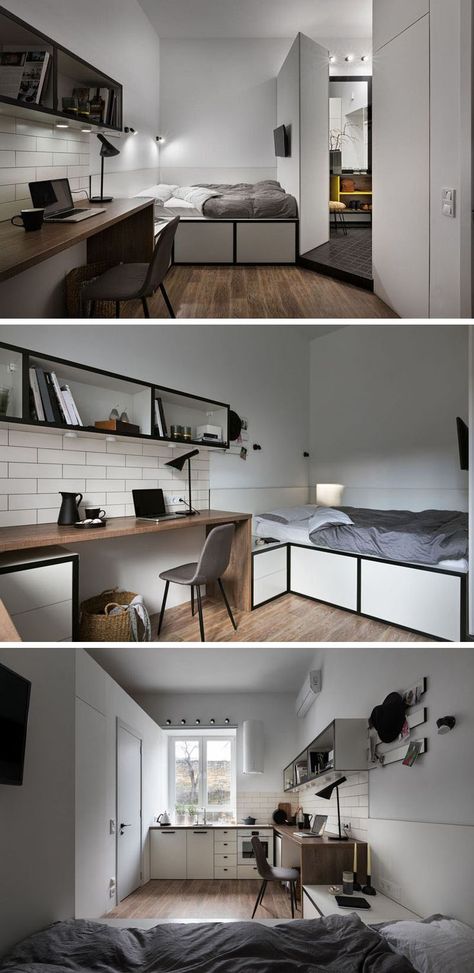 Home Studio Design, Small Apartment Interior, Tiny Apartments, Small Apartment Design, Minimalist Apartment, Dekorasi Kamar Tidur, Apartment Layout, Small Apartment Decorating, Tiny House Interior