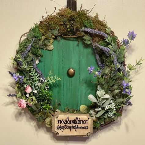 Hobbit Inspired Wreath, Hobbit Hole Door Wreath, Lotr Wreath, Lord Of The Rings Wreath, Hobbit Wreath Diy, Hobbit Hole Wreath, Wreaths Moss, Bilbo Baggins Door, Shire Nursery