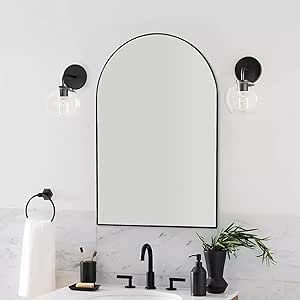 Arch Bathroom Mirror, Black Arched Mirror, Arch Mirror Bathroom, Arch Bathroom, Mirror Arch, Black Arch Mirror, Black Bathroom Mirror, Arched Wall Mirror, Black Backsplash