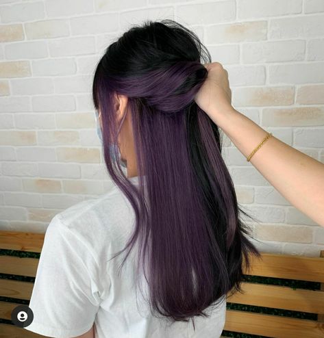 Brown With Purple Peekaboo, Short Purple Peekaboo Hair, Undercolor Hair Purple, School Appropriate Hair Color, Halo Hair Placement, Violet Peekaboo Hair, Dark Hair Purple Undertone, Purple Highlights Straight Hair, Purple Highlights Brown Hair Straight