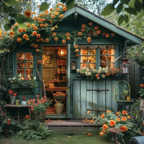 Whimsical Shed, Zen Shed, Brown Shed, Garden House Ideas, Shed Backyard, Michigan Garden, Michigan Gardening, Garden Huts, Cafe Designs