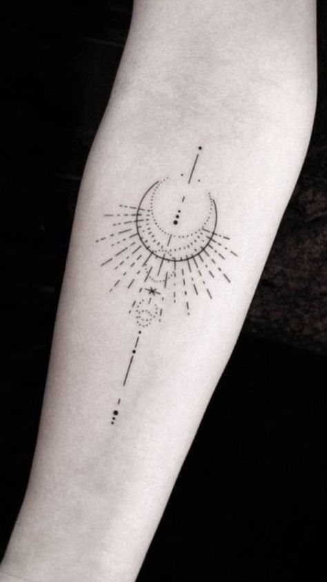 Rising Moon Tattoo, Spine Tattoos For Women Sun Moon Stars, Sun Moon Spine Tattoos For Women, Rising Woman Symbol, Rising Woman Symbol Tattoo, Rising Woman Tattoo, Sun Moon Balance Tattoo, Sun And Moon Abstract Tattoo, Masculine Sun Feminine Moon Tattoo