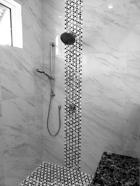 Marble Mosaic Shower Wall, Shower With Vertical Accent Tile, Vertical Marble Shower Tile, Tile Shower Accent Strip, Shower With Accent Tile Stripe, Mosaic Shower Wall, Large Shower Tile, Marble Shower Tile, Stripe Wall