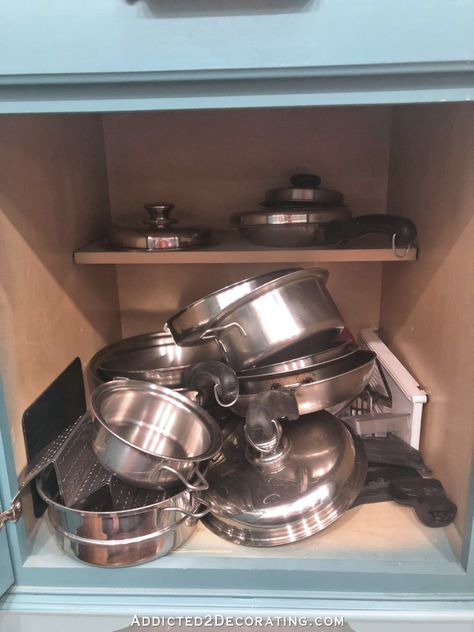 Pots And Pans Organization, Pans Organization, Pan Storage Diy, Diy Pull Out Shelves, Pull Out Kitchen Storage, Kitchen Pullout, Kitchen Cabinet Storage Solutions, Pot Lid Storage, Pot And Pans Organization