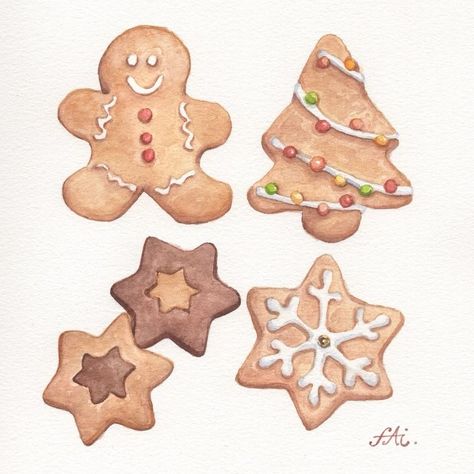 Simple Christmas Watercolor Ideas, Cookie Drawing, Watercolor Cookies, Art Homework, Desserts Drawing, Bread Man, Christmas Card Illustration, Food Drawings, Paint Cookies