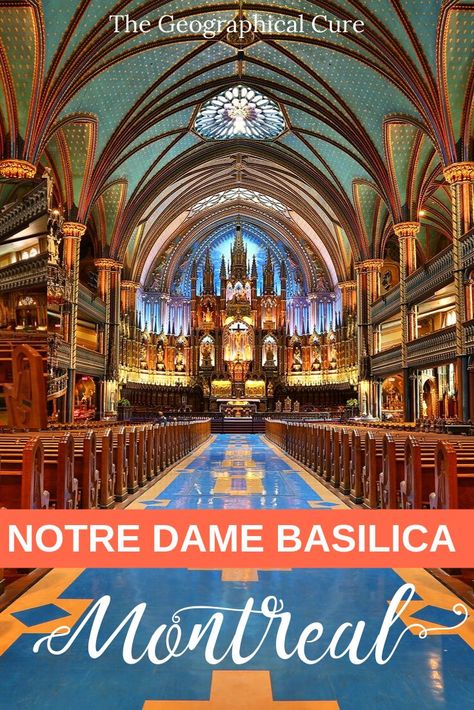 Montreal's Basilica de Notre Dame dominates the old town and is its most famous landmark. Outside, it's a Gothic edifice with two towers piercing the sky. Inside, the Notre Dame startles and entrances. It looks like a painting with azure ceilings and floors. It's a symphony of painted carved wood, gilding, statues, and beautiful stained glass windows. Notre Dame also hosts a light show at night called Aura, which is spectacular.  #Montreal #ThingsToDoInMontreal #NotreDame #CanadaTravel #Gothic Notre Dame Basilica Montreal, Notre Dame Montreal, Montreal Vacation, Notre Dame Basilica, Canada Montreal, Pipe Organ, Canada Travel Guide, Canadian Travel, Ann Arbor Michigan