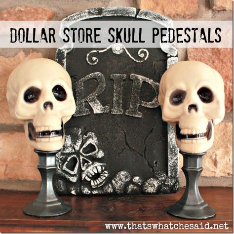 Dollar Store Skull Pedestals Store Halloween Decorations, Skull Decorations, Halloween Vase, Decorations For Halloween, Dollar Store Halloween Decorations, Diy Home Decor For Apartments, Bricolage Halloween, Dollar Tree Halloween, Dollar Store Halloween