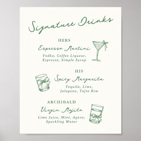 This adorable design features hand drawn elements and a whimsical bold text. Bar Menu Design Wedding, Specialty Cocktail Sign, Wedding Cocktail Menu Sign, Menu Sign Ideas, Drink Menu Design Ideas, Cocktail Menu Wedding, Signature Drink Signs, Wedding Menu Chalkboard, Signature Drink Menu