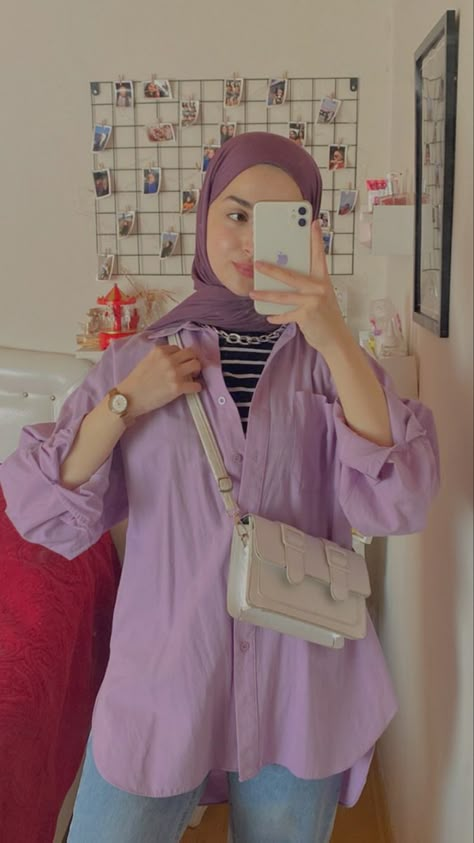 Purple Chemise Outfit, Purple Shirt Outfit Hijab, Lavender Shirt Outfit, Purple Hijab Outfit, Chemise Outfit, Purple Shirt Outfits, Girly Aesthetic Outfit, Mauve Outfit, Aesthetic Outfits Hijab