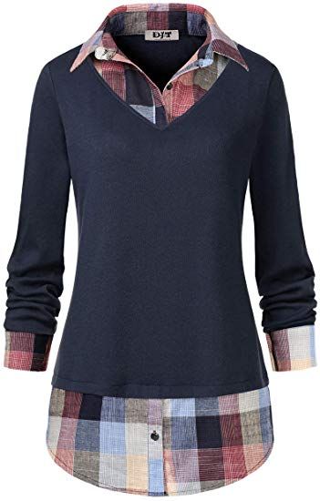 Women's Contrast Plaid Collar 2 in 1 Blouse Tunic Tops Casual Plaid Shirt, Hoodie Jacket Women, Women Tunic Tops, Tops Online, Women Hoodies Sweatshirts, Tunic Shirt, Tunic Blouse, Online Tops, Amazon Women