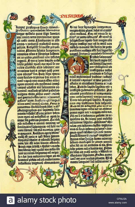 Download this stock image: This illustrated page is from the Gutenberg Bible, also known as the 42-Line Bible, was produced around 1453-1456. - CFMJ3A from Alamy's library of millions of high resolution stock photos, illustrations and vectors. Typography History, 15th Century Paintings, Gutenberg Bible, Drawing Borders, Johannes Gutenberg, Century Painting, Bible Prints, Bible Images, Bible Illustrations