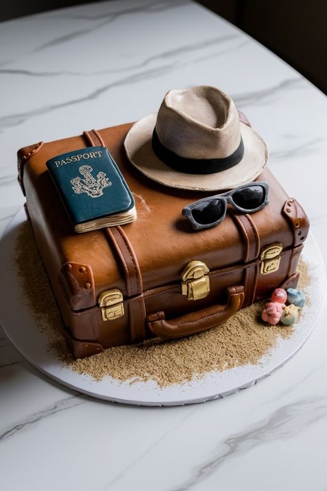 Set Sail on Sweetness: Travel Cake Design for Wanderlust Birthdays Suitcase Cake Ideas, Travel Cake Design, Travel Cake Ideas Birthdays, Travel Birthday Cake, Cakes 2023, Cake Travel, Suitcase Cake, Edible Sand, Travel Cake