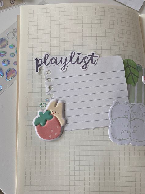 cute aesthetic sumikko gurashi san-x playlist journal deco sanrio spread Journal Ideas Sanrio, Journal Spreads Kpop, Sanrio Journal Ideas, Aesthetic Journal Spreads, Sanrio Journal, Playlist Journal, Hobonichi Ideas, Friends Journal, Creative Bubble