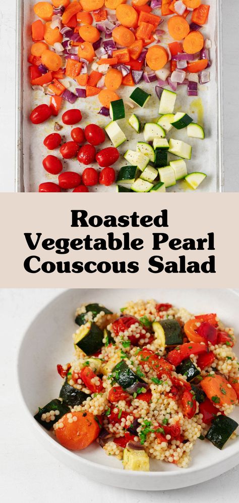 This roasted vegetable pearl couscous salad is easy to make, versatile, and tastes excellent either hot or cold! Plump pearl couscous is the base, and tender roasted zucchini, tomatoes, peppers, carrots, and onions give the salad color, flavor, and nutrition. This is a perfect dish to meal prep for easygoing lunches or as a side dish. Pearl Couscous Side Dishes, Couscous Recipes Easy, Roasted Zucchini Salad, Roasted Veg Salad, Pearl Couscous Recipes, Roasted Vegetable Couscous, Roasted Veggie Salad, Pearl Couscous Salad, Moroccan Vegetables