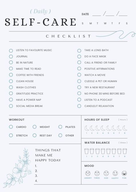 Elevate Your Daily Wellness Routine with My Guided Daily Self Care Journal. Discover a journey of self-discovery, mindfulness, and personal growth with our beautifully designed Daily Self-Care Journal. Perfect for anyone looking to enhance their well-being, this guided journal helps you prioritise self-care, track your mental health, and create a balanced lifestyle--all in one convenient, printable PDF. This Daily Self Care Journal is perfect for: *Busy professionals looking to incorporate mindf Self Care Journal Cover Page, Diy Self Care Journal Ideas, Self Care Checklist Aesthetic, Self Care Journal Pages, Daily Bujo, Printable Self Care, Selfcare Aesthetic, Journal Self Care, Daily Self Care