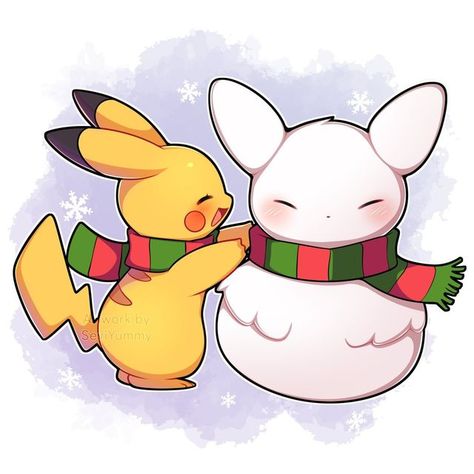 Eevee Christmas, Cute Snowmen Drawings, Kawaii Eevee, Christmas Pikachu, Pikachu Evolution, Christmas Pokemon, Eevee Cute, Pokemon Jigglypuff, Pikachu Drawing