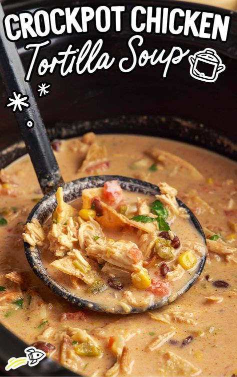 Chicken Tortilla Soup Recipe (Crock Pot) - Spaceships and Laser Beams Fiesta Chicken Soup, Tortilla Soup Recipe Crockpot, Tortilla Soup Crockpot, Tacos Crockpot, Crockpot Chicken Tortilla Soup, Tortilla Soup Easy, Creamy Crockpot Chicken, Chicken Tortilla Soup Crock Pot, Creamy Chicken Tortilla Soup